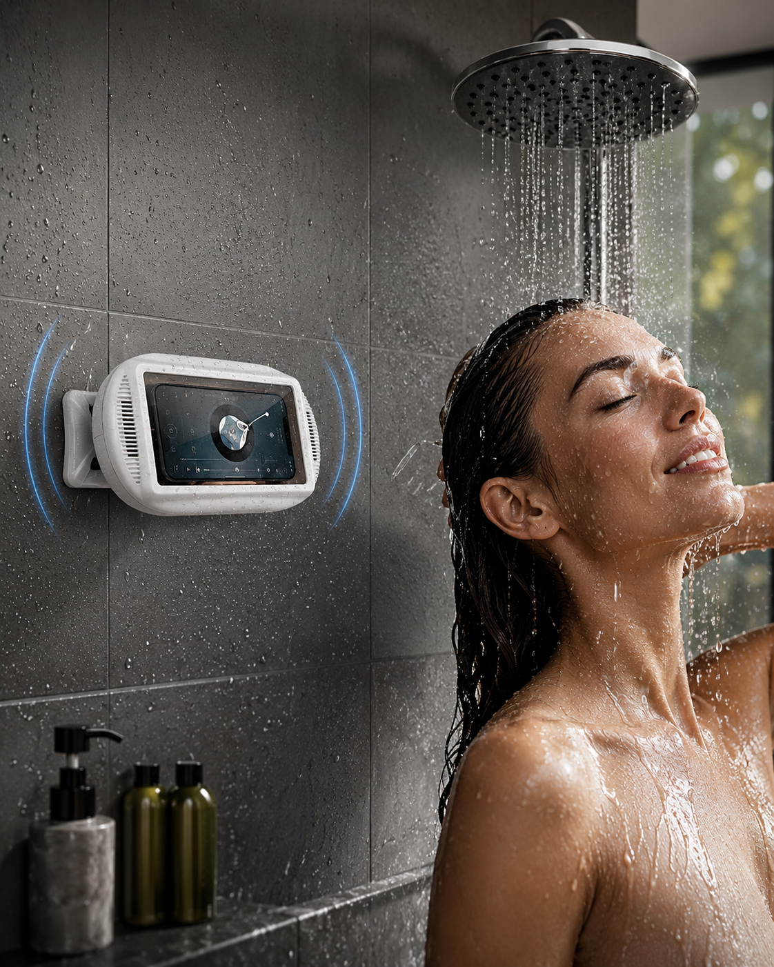 Upgraded Shower Phone Holder Waterproof with Speaker Hole Screentouch Shower Phone Stand Case Mount for Bathroom Bathtub Kitchen