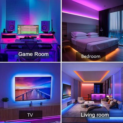 Tira de luces LED RGB de 5 m, 10 m, 20 m o 30 m con control mediante aplicación. Cinta LED flexible para decorar habitaciones, dormitorios y otros espacios.