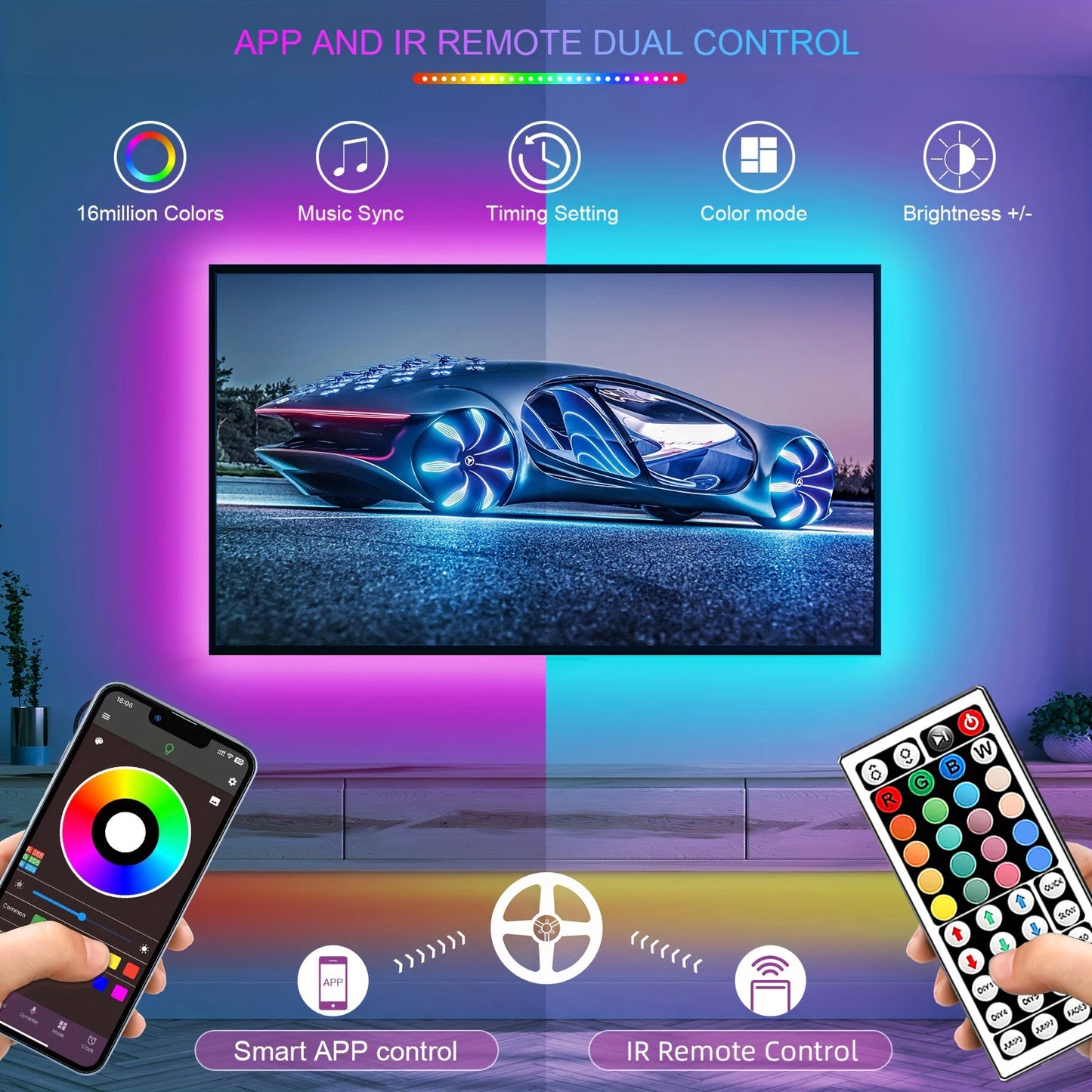 Tira de luces LED RGB de 5 m, 10 m, 20 m o 30 m con control mediante aplicación. Cinta LED flexible para decorar habitaciones, dormitorios y otros espacios.