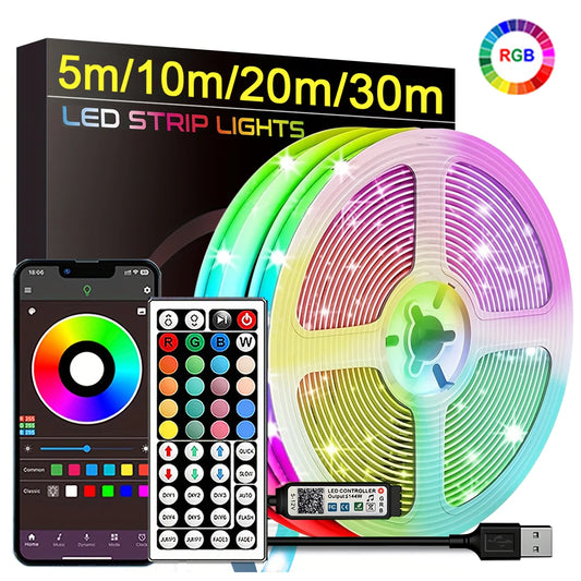 Tira de luces LED RGB de 5 m, 10 m, 20 m o 30 m con control mediante aplicación. Cinta LED flexible para decorar habitaciones, dormitorios y otros espacios.