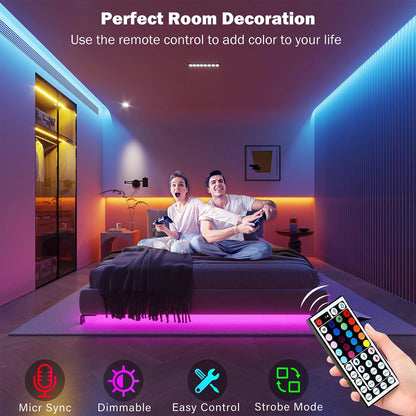 Tira de luces LED RGB de 5 m, 10 m, 20 m o 30 m con control mediante aplicación. Cinta LED flexible para decorar habitaciones, dormitorios y otros espacios.