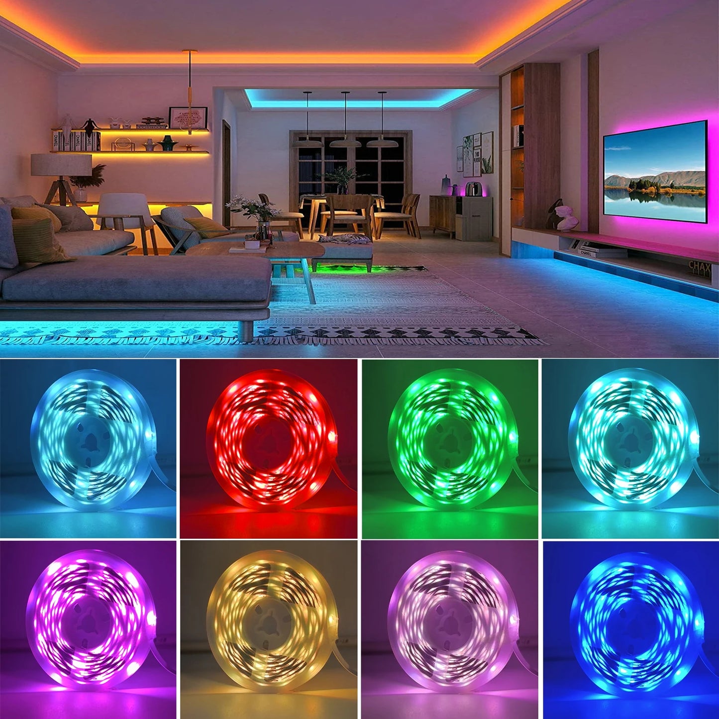 Tira de luces LED RGB de 5 m, 10 m, 20 m o 30 m con control mediante aplicación. Cinta LED flexible para decorar habitaciones, dormitorios y otros espacios.